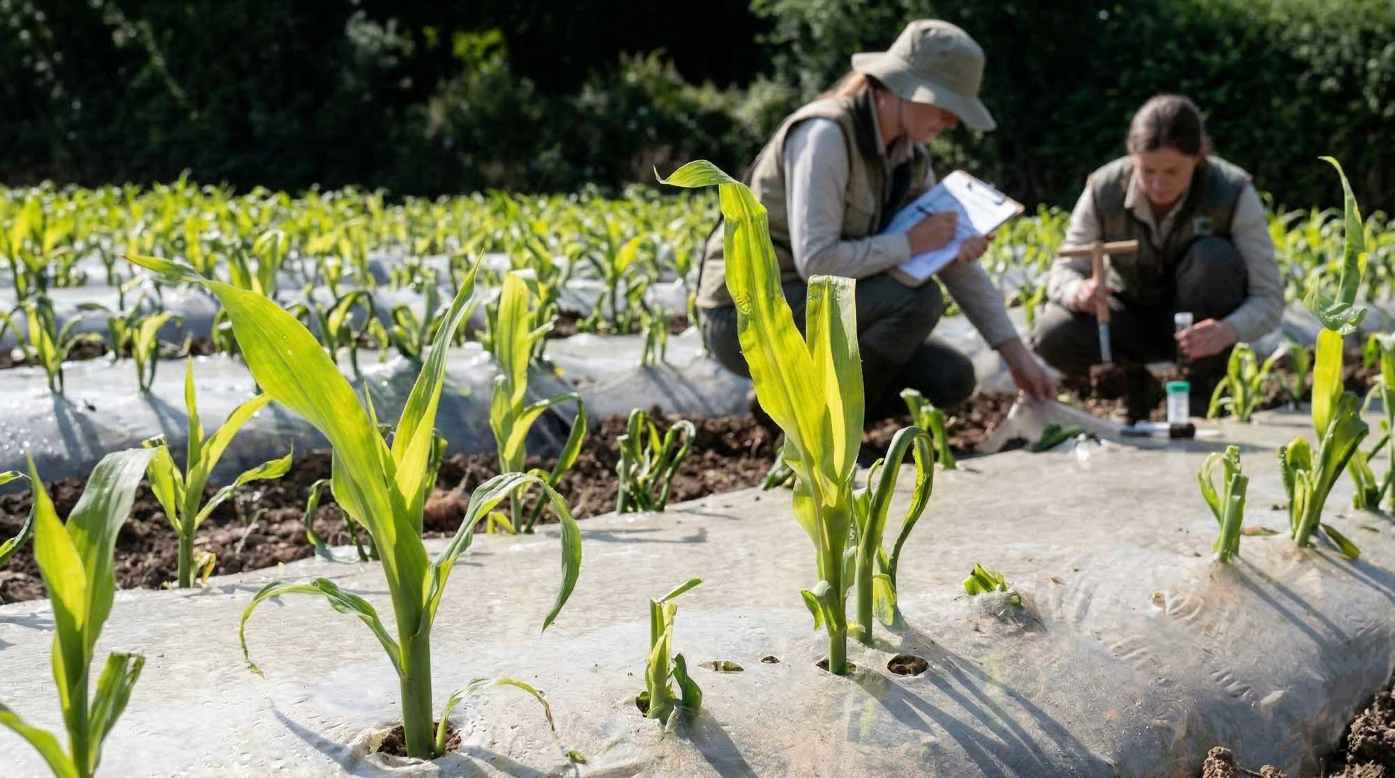 Scientists testing the performance of biodegradable mulch-films